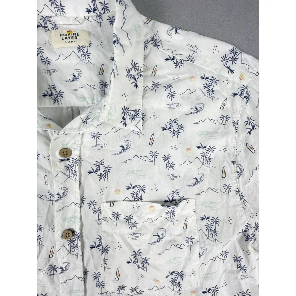 Marine Layer Button Down Mens XL White Surf Print Short Slv Casual Shirt Beach - Picture 1 of 11